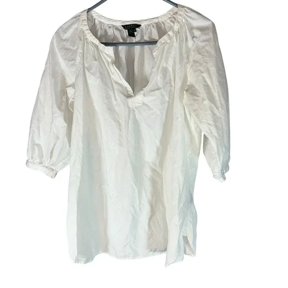 Lauren Ralph Lauren 1X White Cotton V Neck 3/4 Sleeve Peasant Top Blouse - Picture 2 of 9